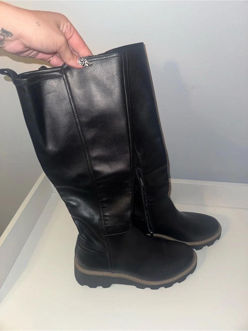 NWOT Dolce Vita Black Over-the-Knee Leather Boots with Tan Welt